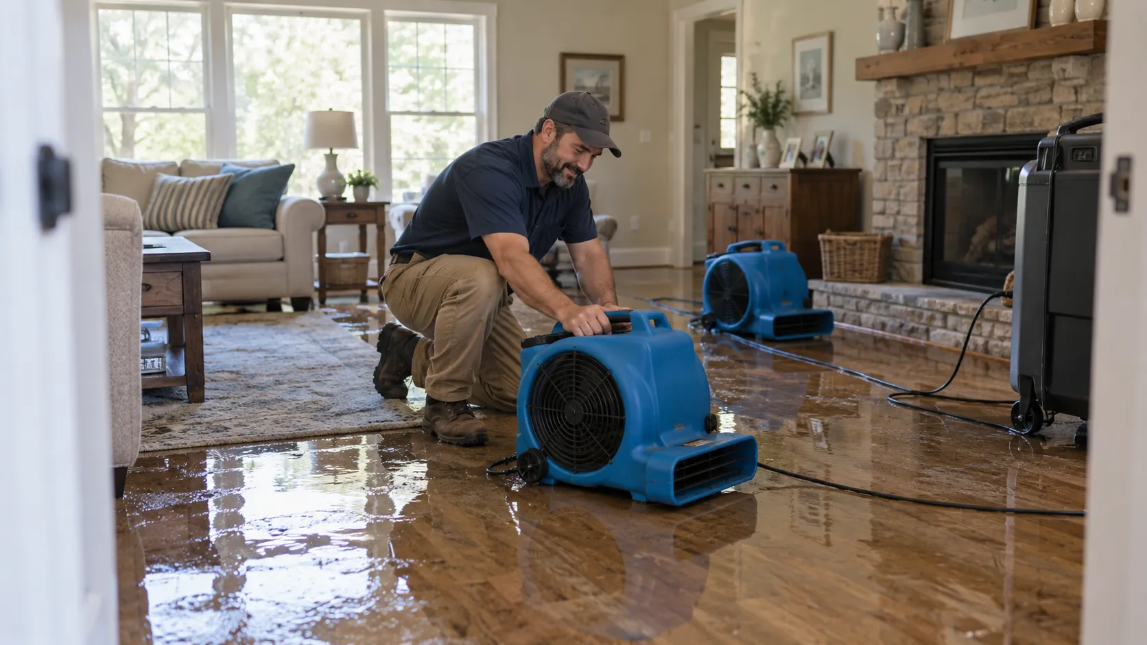 Water damage restoration technician drying a flooded living room in Madison